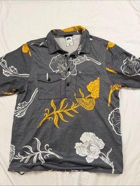 Nike Men's Gray Floral Polo with Yellow Accents